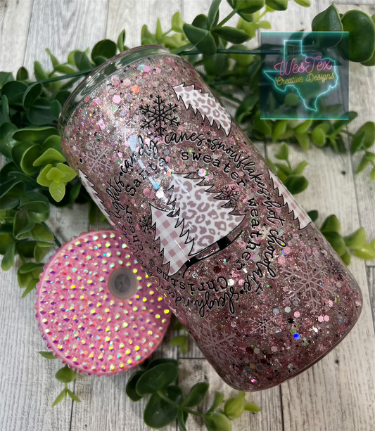 PINK CHRISTMAS TREES- 16 OZ GLITTER GLASS CAN