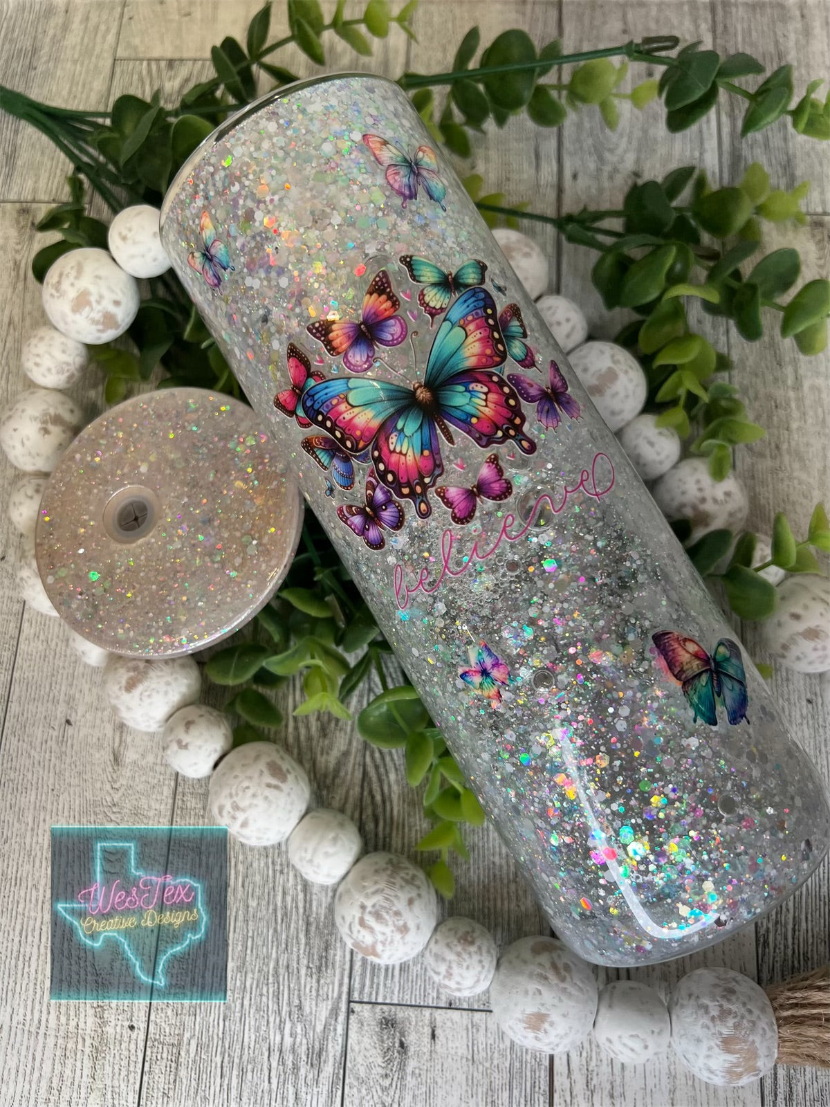 BELIEVE BUTTERFLIES - 20 OZ GLITTER GLASS CAN