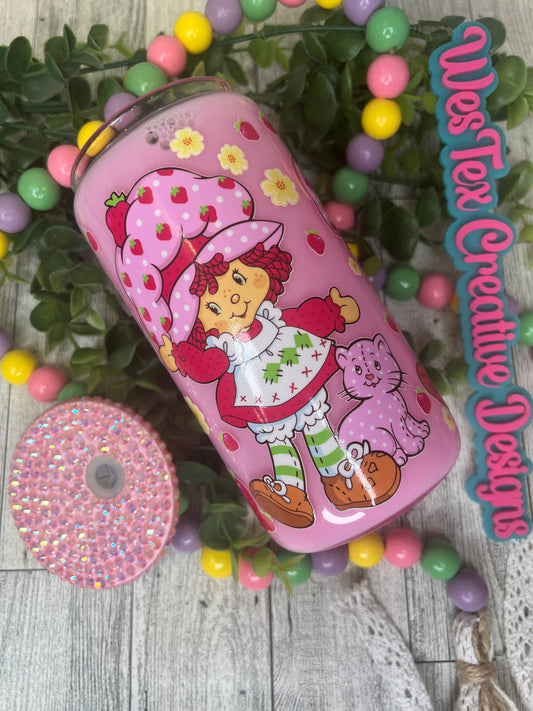 80 CARTOON- STRAWBERRY S- 16 OZ GLITTER GLASS CAN