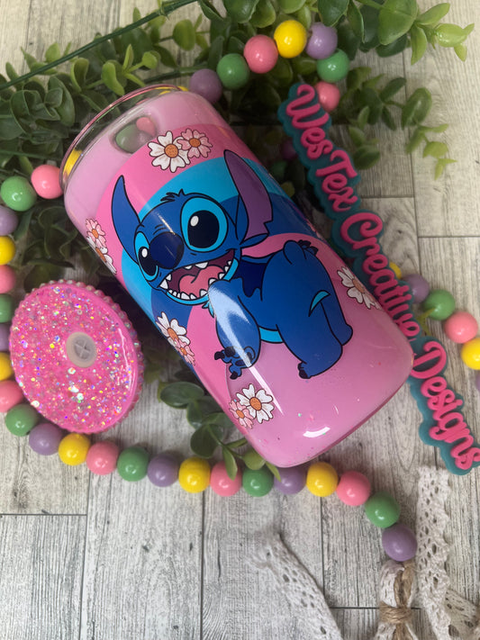 BLUE ALIEN WITH FLOWERS- 16 OZ GLITTER GLASS CAN