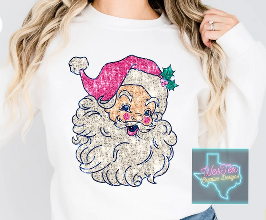 FAUX EMBROIDERY SANTA - CREWNECK - WHITE