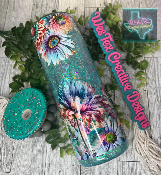 FLORAL MINT - 20 OZ GLITTER GLASS CAN