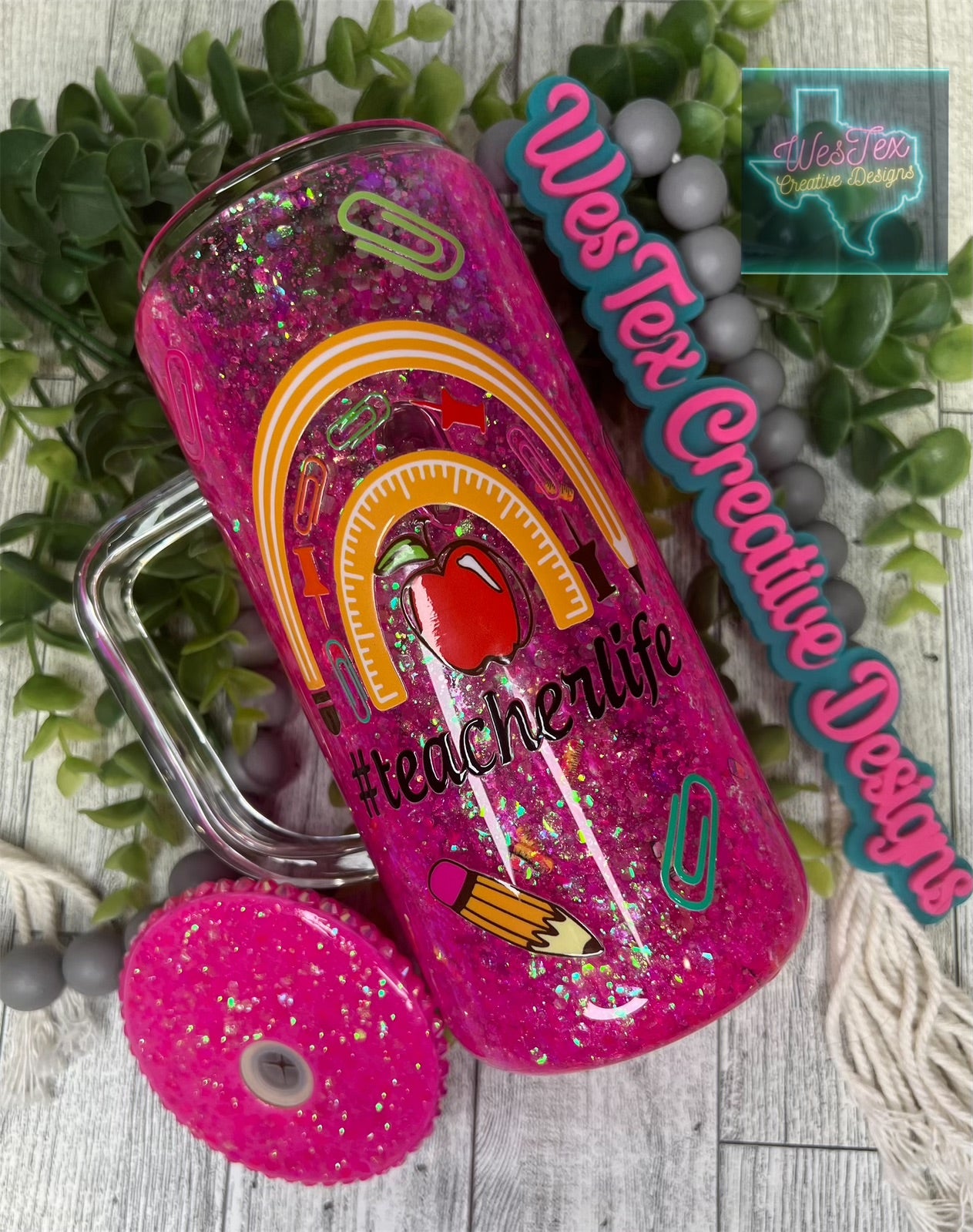 TEACHER LIFE - 16 OZ GLITTER GLASS CAN WITH HANDLE