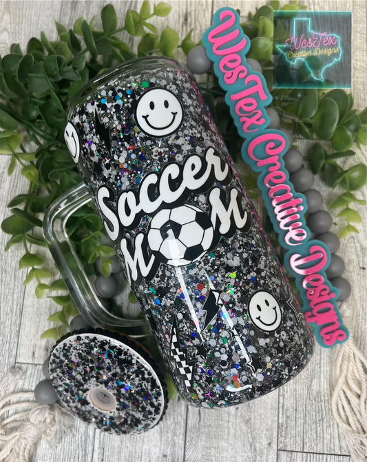 SOCCER MOM - 16 OZ GLITTER GLASS CAN WITH HANDLE