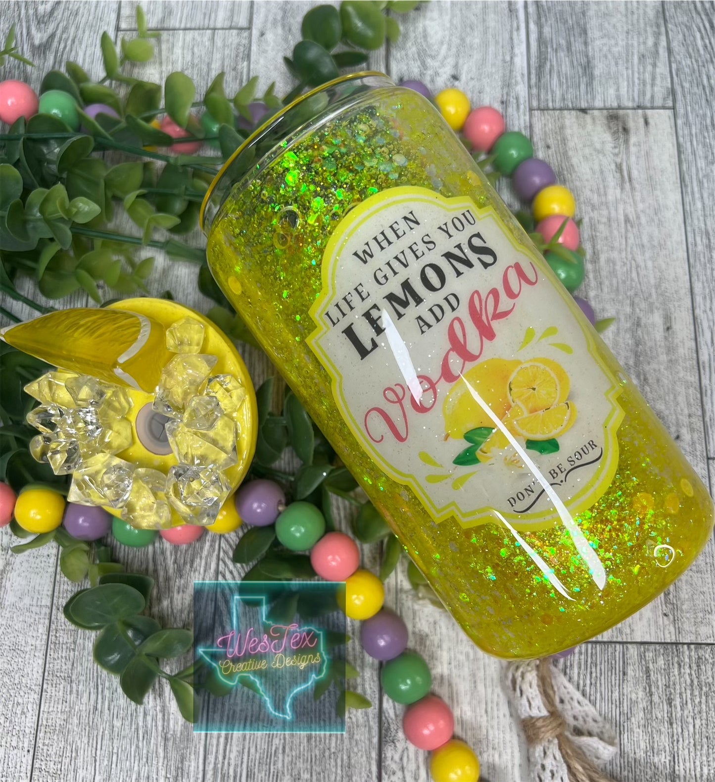 LEMONS ADD VODKA - 16 OZ GLITTER GLASS CAN