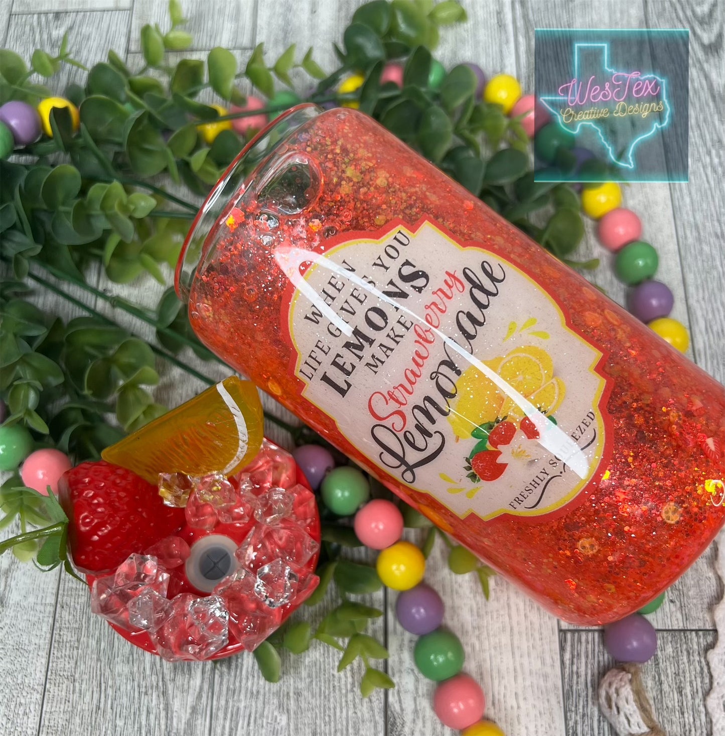 STRAWBERRY LEMONADE- 16 OZ GLITTER GLASS CAN