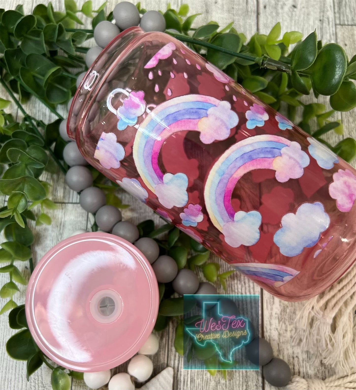 RAINBOW CLOUDS - 16 OZ GLASS PINK CAN