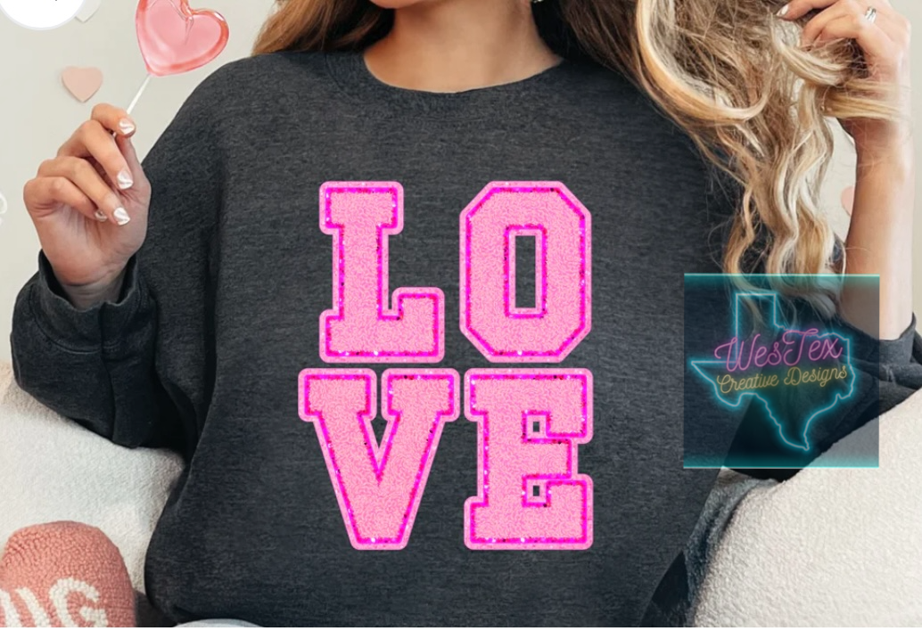 PINK LOVE BLOCK LETTERS- SHORT SLEEVE OR CREWNECK - DARK GREY