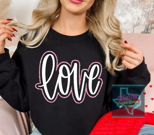 FAUX GLITTER LOVE - SHORT SLEEVE OR CREWNECK - BLACK