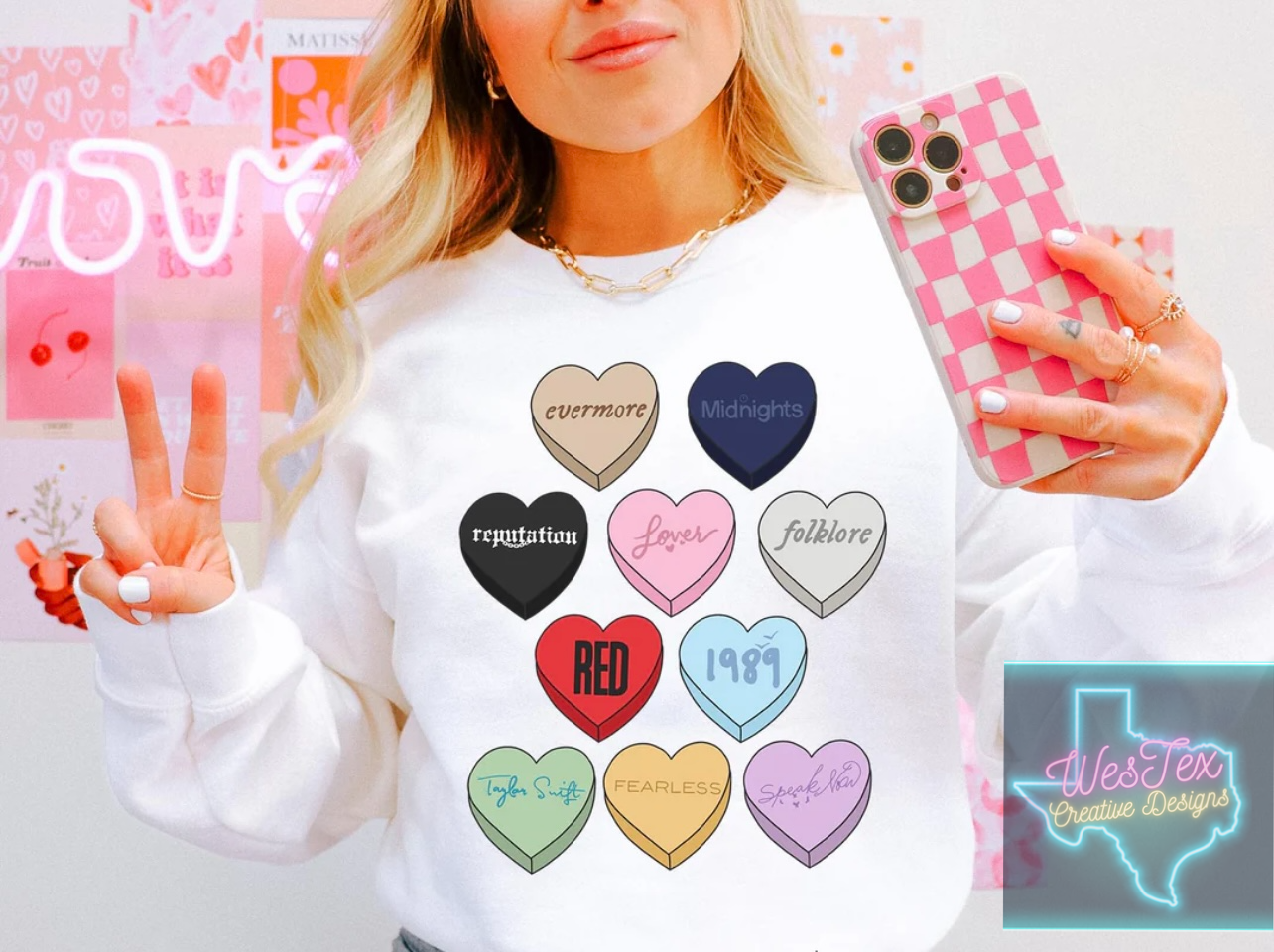 ERAS CANDY HEARTS- SHORT SLEEVE OR CREWNECK - WHITE