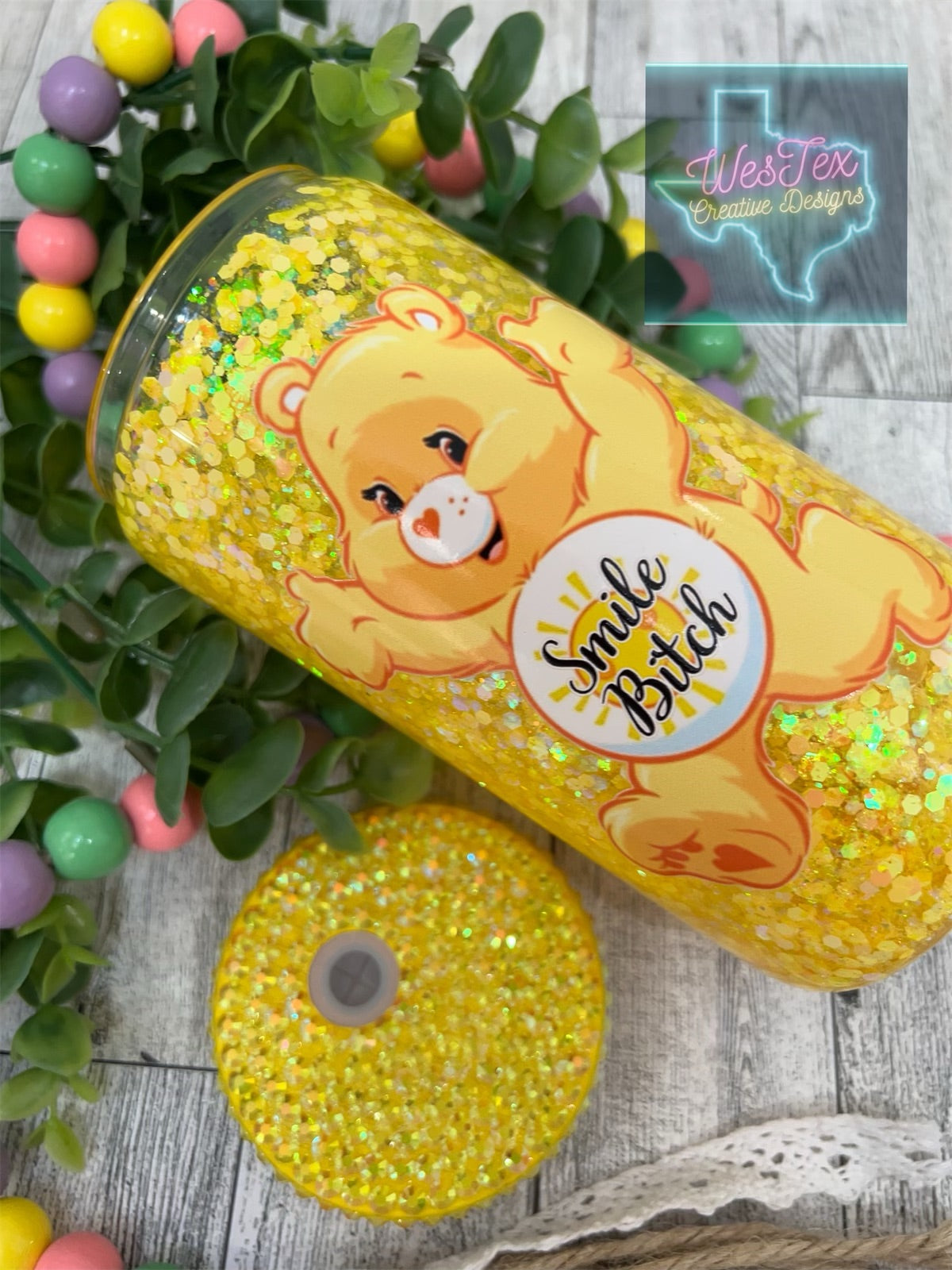 SWEAR BEAR YELLOW- 16 OZ GLITTER GLASS CAN