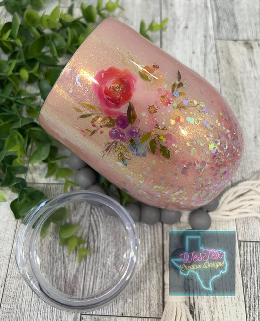 FLORAL PINK - 12 OZ WINE STEMLESS TUMBLER