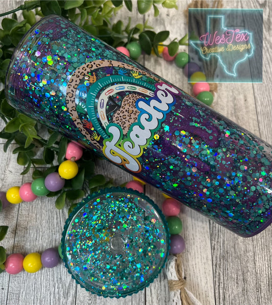 TEACHER PURPLE & TEAL- 18 OZ ACRYLIC TUMBLER WITH BLING TOPPER