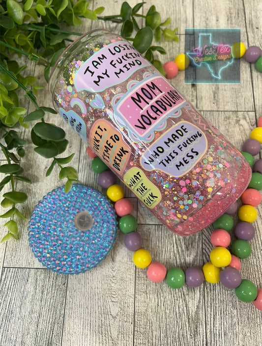 MOM VOCABULARY - 16 OZ GLITTER GLASS CAN