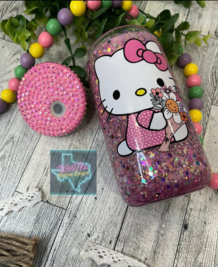 SPRING KITTY - 16 OZ GLITTER GLASS CAN